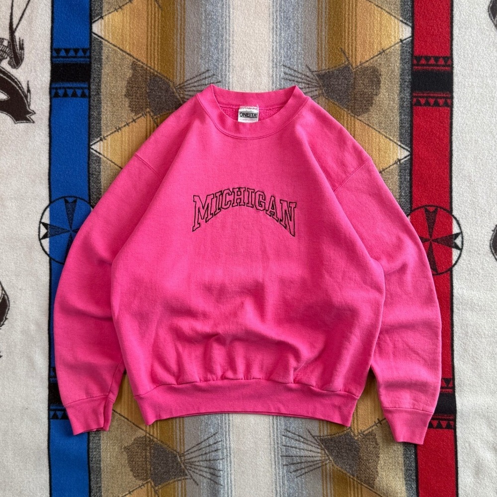 Vintage Oneita Power-Sweat Michigan Sweatshirt Pink Crewneck Women Large 90s